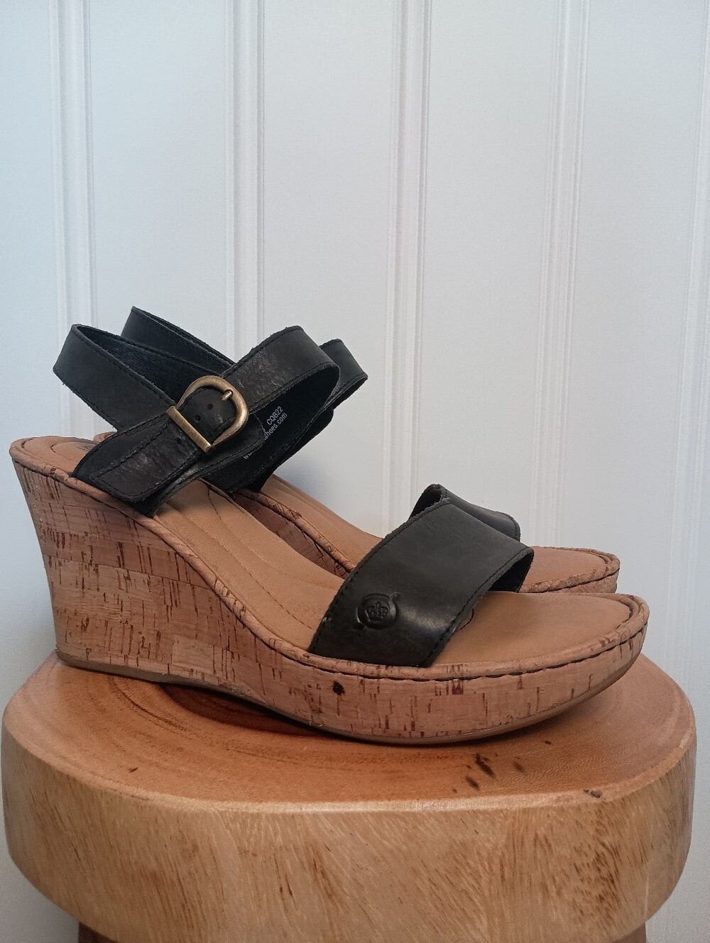 Born- Black Leather Cork Wedge Sandals- Size 11M